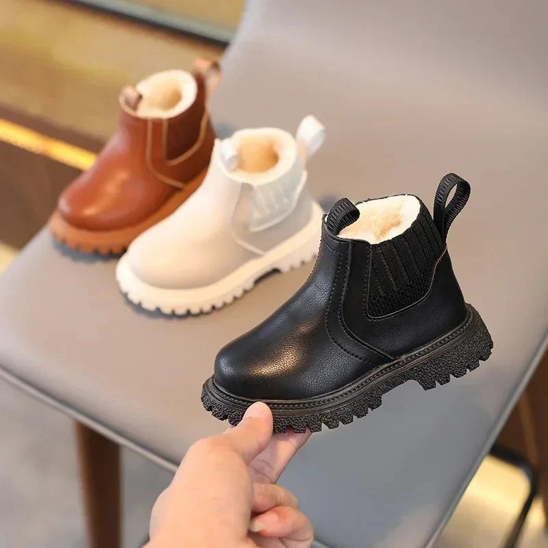 Kids winter snow boots by Sonkpuel, warm PU leather ankle shoes for boys and girls, suitable for cold weather.