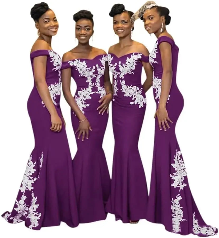 Showlu Fashion Burgundy off-the-shoulder mermaid satin bridesmaid dress with elegant draping and fit, perfect for formal occasions.