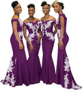 Burgundy off-the-shoulder mermaid satin bridesmaid dress by JC&STAR, fitted design with elegant satin fabric and ruffled sleeves.