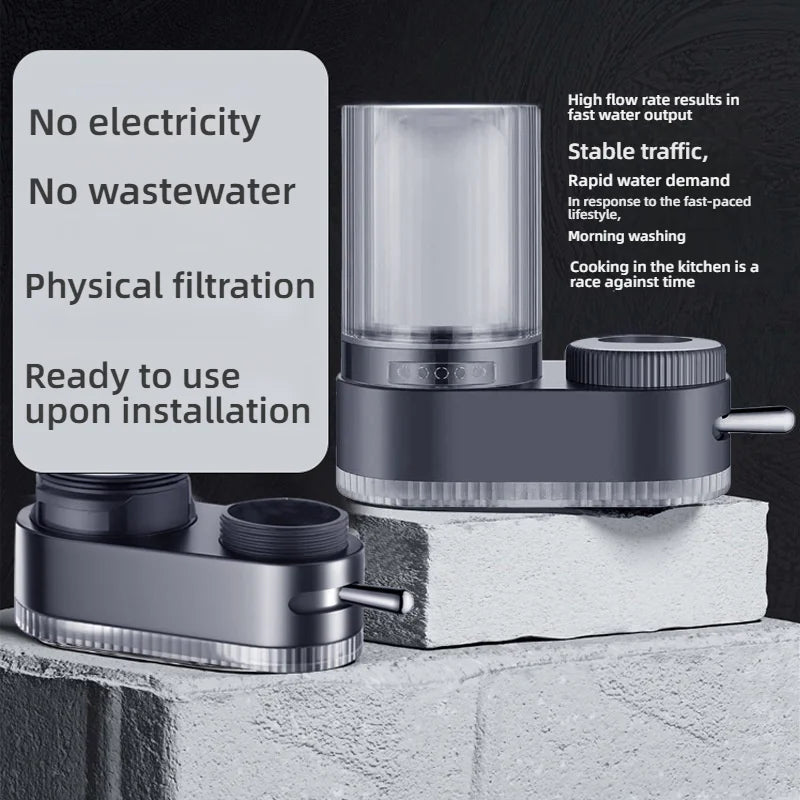 Showlu Universal Faucet Water Purifier with washable ceramic filter element attached to kitchen faucet, demonstrating easy installation.