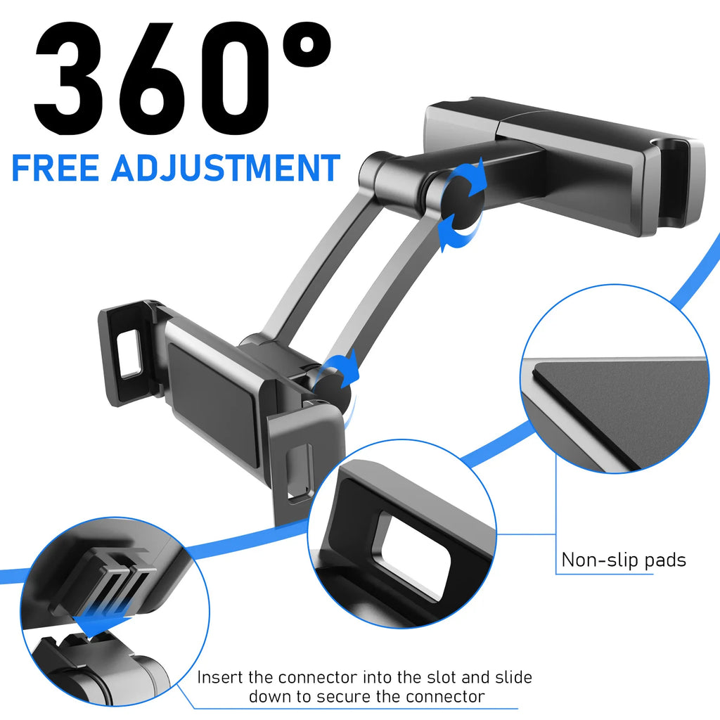 Showlu Smart General car headrest tablet holder attached to a vehicle headrest, holding a tablet for rear passenger entertainment.