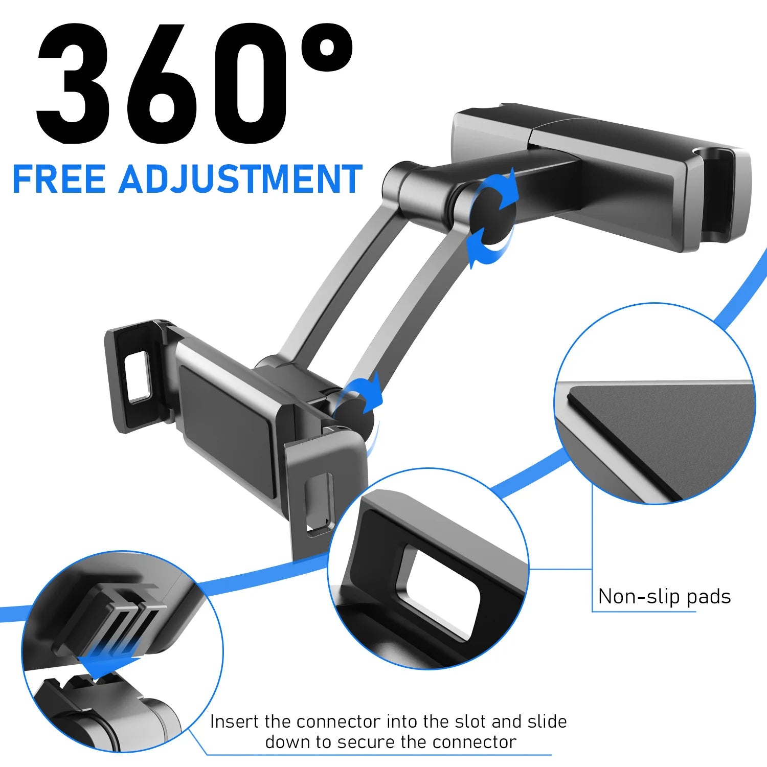 Showlu Smart General car headrest tablet holder attached to a vehicle headrest, holding a tablet for rear passenger entertainment.