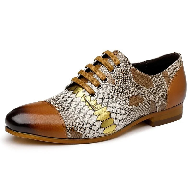 Luxury men's genuine leather snake pattern business shoes with lace-up design, ideal for formal, casual, or office wear.