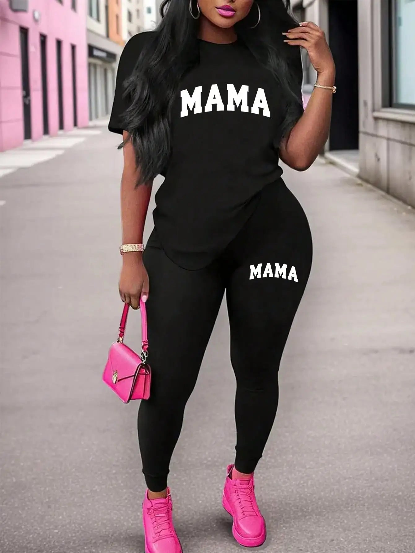 2026 Women's New Paris Printed Two-Piece Set, Casual Short-Sleeved Round Neck T-Shirt and Tight Pants Long Pants Set