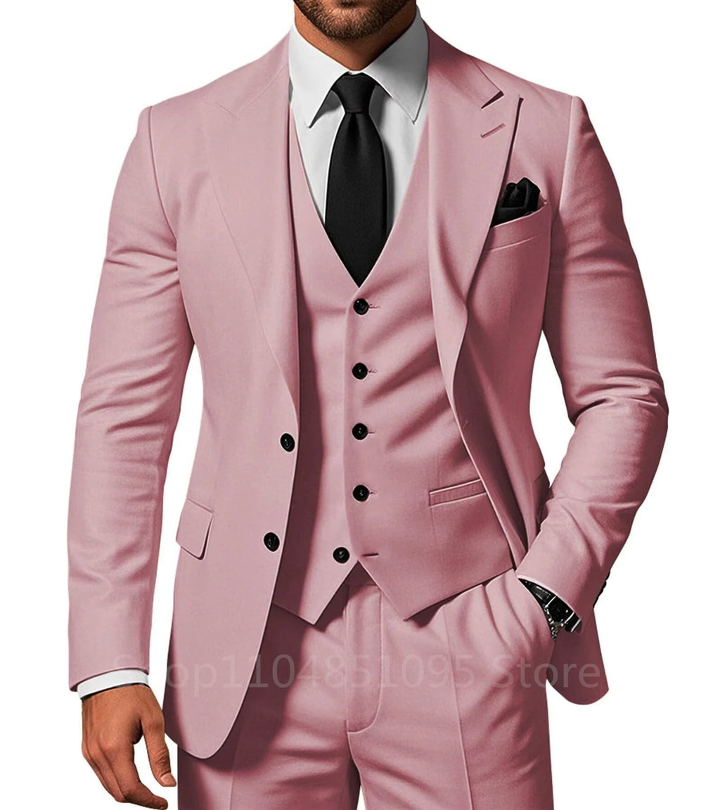 Showlu Fashion men's 3-piece solid wedding tuxedo set with peak lapel jacket, pants, and vest, perfect for formal occasions and prom.
