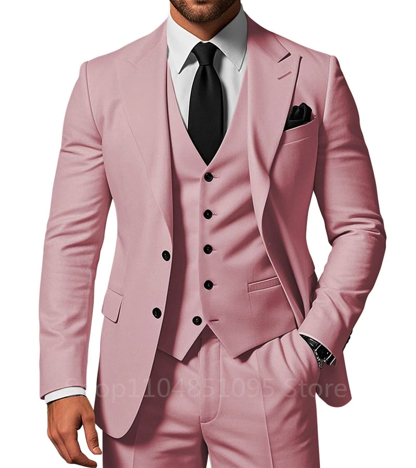 Showlu Fashion men's 3-piece solid wedding tuxedo set with peak lapel jacket, pants, and vest, perfect for formal occasions and prom.