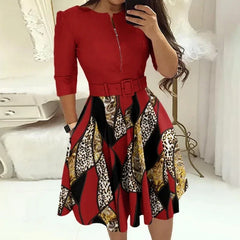 Fashion Women Patchwork A-line Dresses Autumn/Winter Round Neck Printed Belt Party Dress Elegant Office Lady Zipper Dress