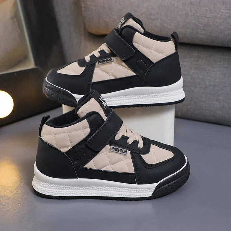 Showlu Fashion Kids Winter Sneakers, waterproof and anti-slip walking shoes with colorful design and sturdy soles for outdoor wear.