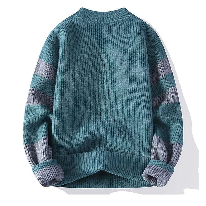 Men's knit sweater with mock neck, patchwork design, contrast colors, long sleeves, thick winter fashion by Showlu Fashion Store