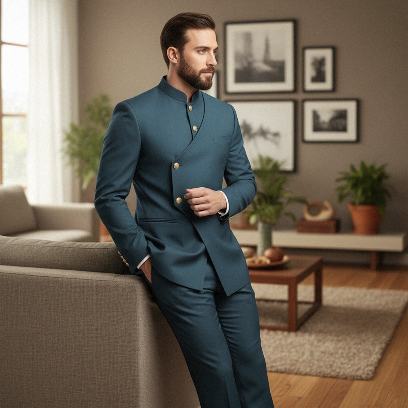 Chinese Suit Men 2 Piece Tunic Suits Slim Fit Safari Suits for Men Mandarin Collar Suit Blazer Pants Set