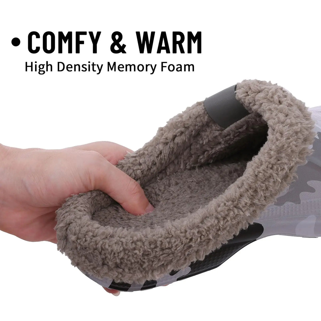 Showlu Fashion Shevalues fuzzy men's clog slippers with waterproof fur lining, anti-slip soles, ideal for winter indoor and garden use.