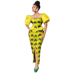 Africa Ankara Printed Women's Dress Short Sleeve Patchwork Square Neck Bubble Sleeve Split Dresses 2425186