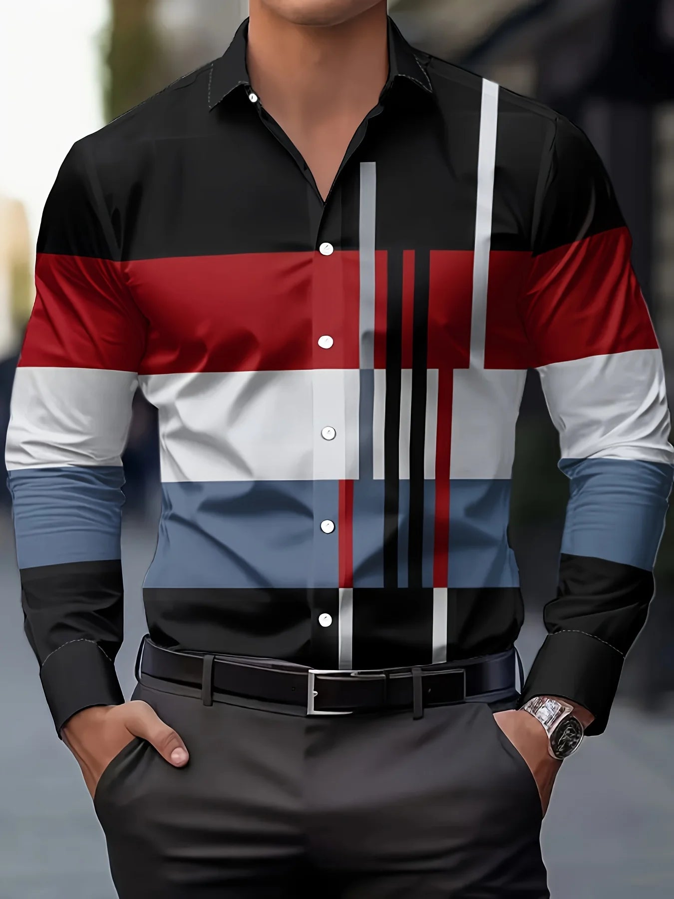 Men's checked long-sleeved button-up shirt with high-end striped design, casual fit, from Showlu Fashion Store.