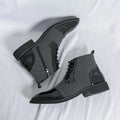 AXYG men's pointed toe ankle boots in luxury patchwork patent leather showing sleek design and stylish craftsmanship.