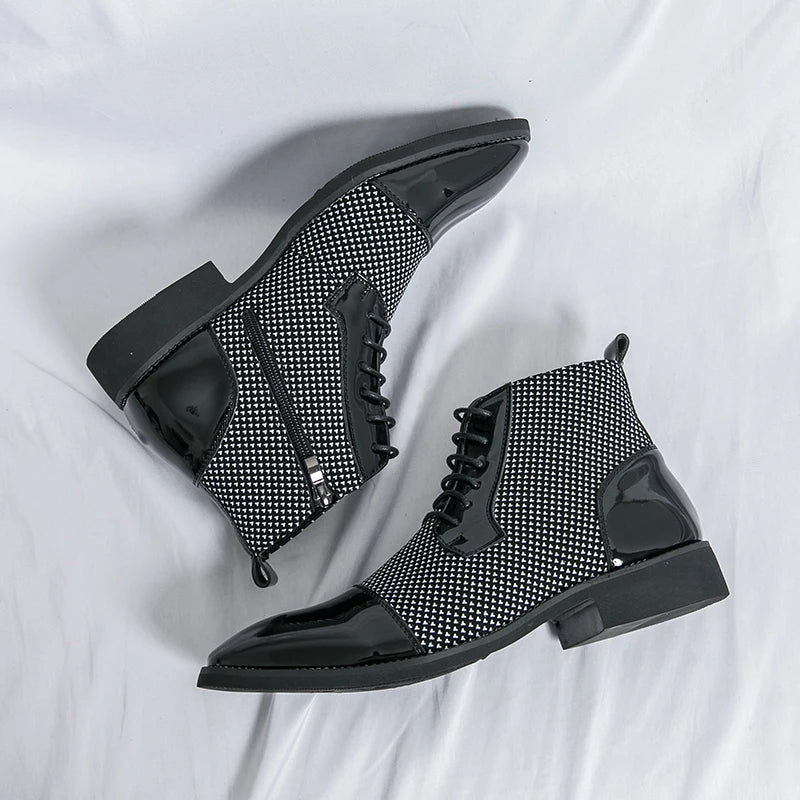 AXYG men's pointed toe ankle boots in luxury patchwork patent leather showing sleek design and stylish craftsmanship.