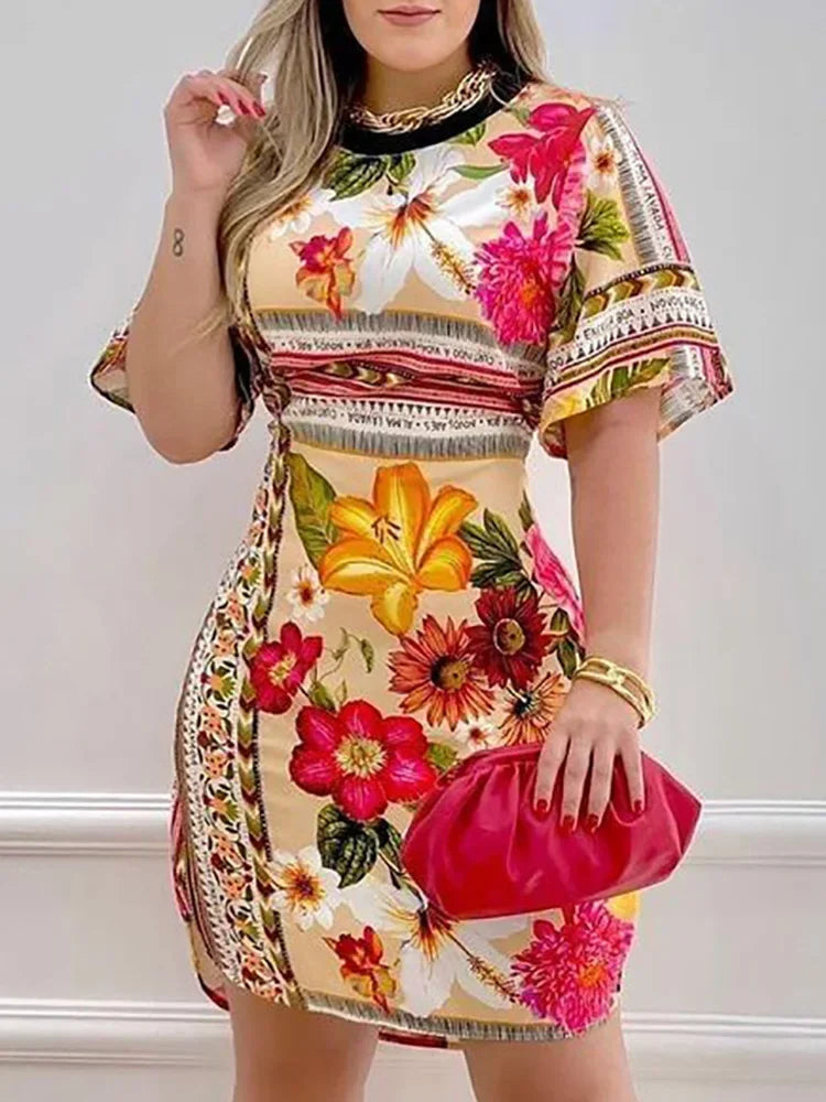 Women's floral print A-line mini dress by SHOWLU FASHION STORE, featuring a slim fit summer casual design.