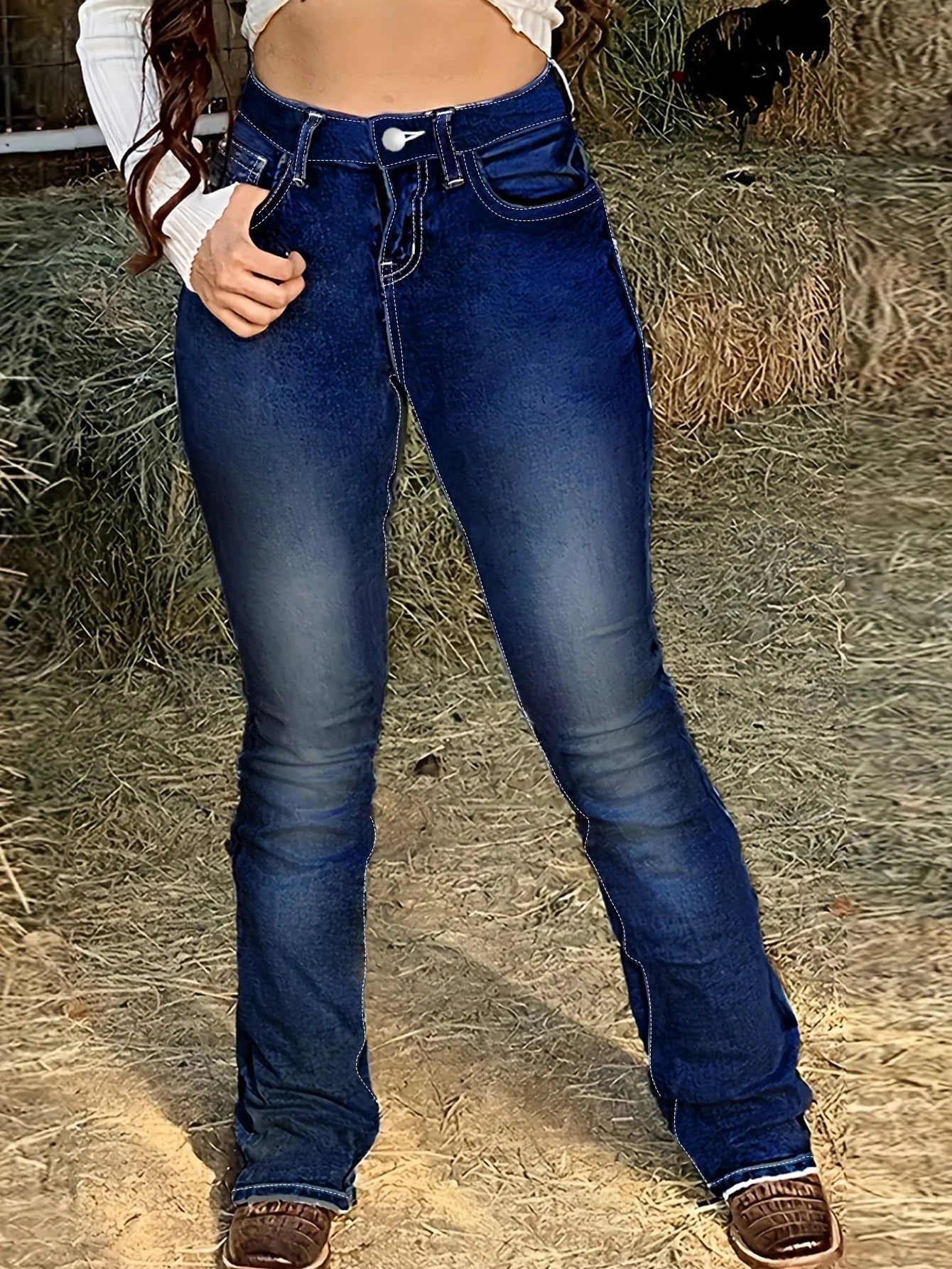 Plus-size high-waist dark blue embroidered jeans with slightly flared legs and horsehoe-shaped American flag embroidery, by Showlu Fashion.