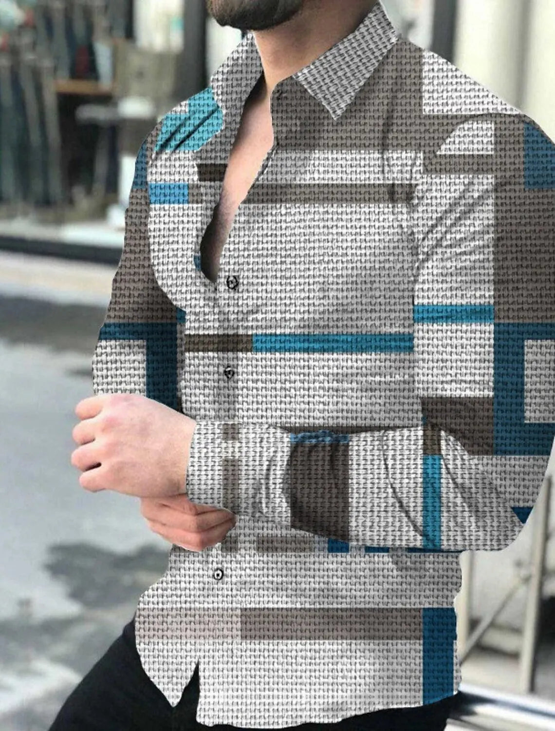 Men's plaid and striped graphic print long sleeve button-down shirt with turndown collar, outdoor street style by Showlu Fashion Store