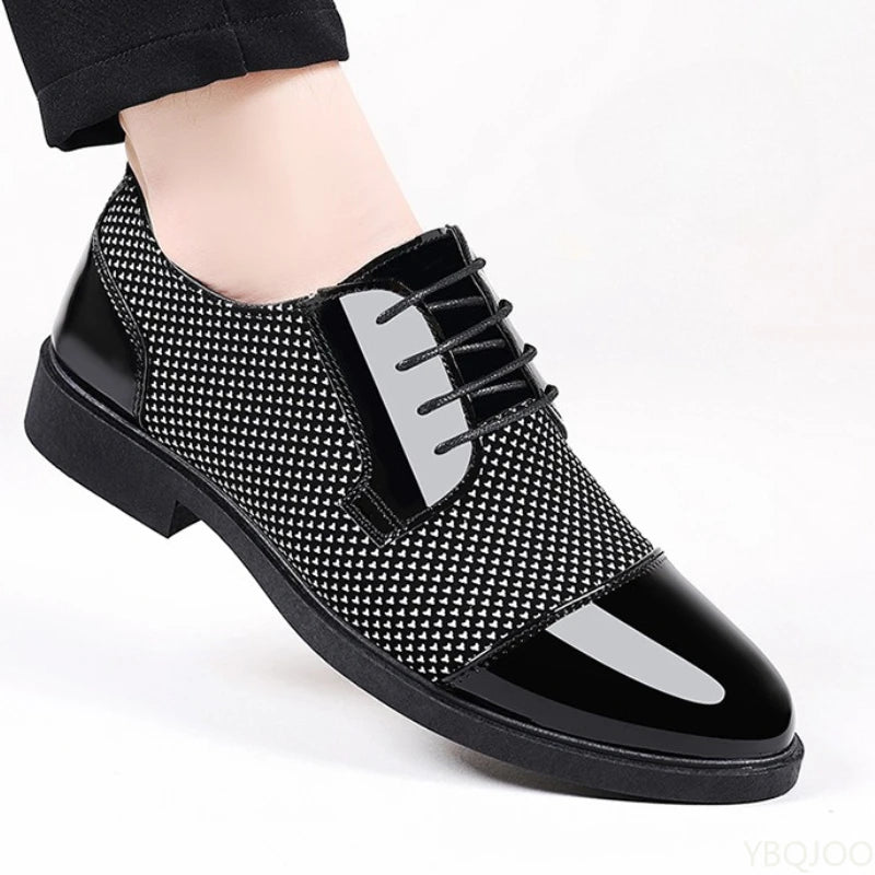 Black men's height increasing shoes with pointed toe, breathable formal design by Showlu Fashion Store.