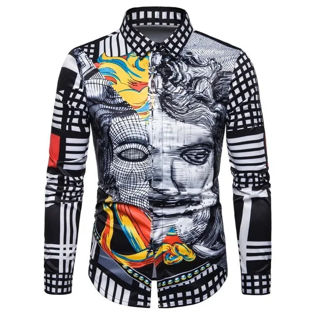 Showlu men's retro plaid long sleeve shirt with floral pattern, casual dress top in stylish design, perfect for everyday wear