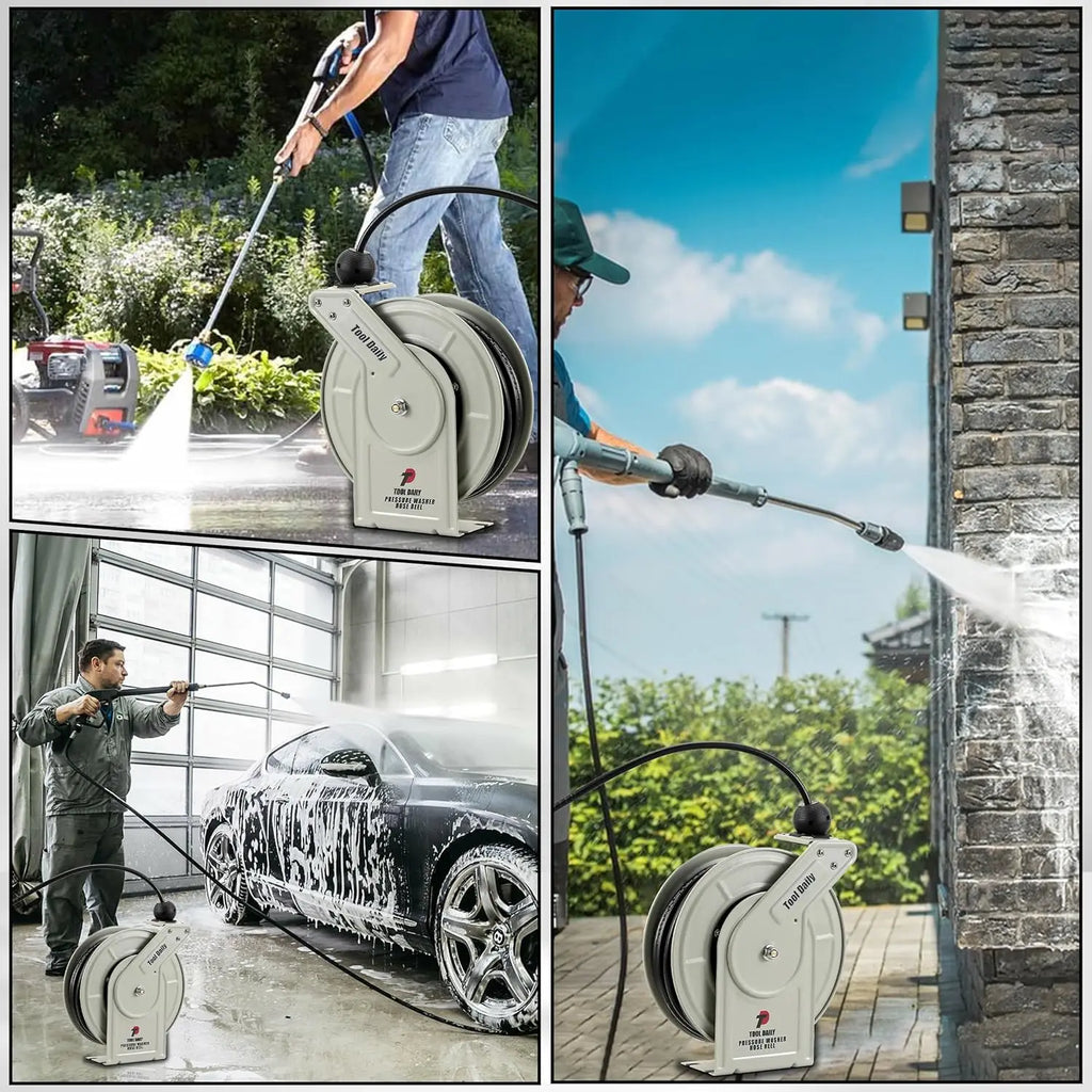 Showlu Smart General pressure washer hose reel with a durable metal frame and sturdy hose storage for outdoor cleaning.