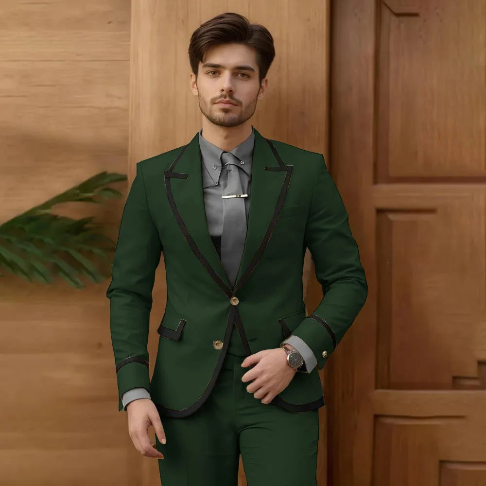 Beige male fashion suit 2-piece set with single-breasted jacket and pants, slim fit, ideal for groomsmen or prom events.