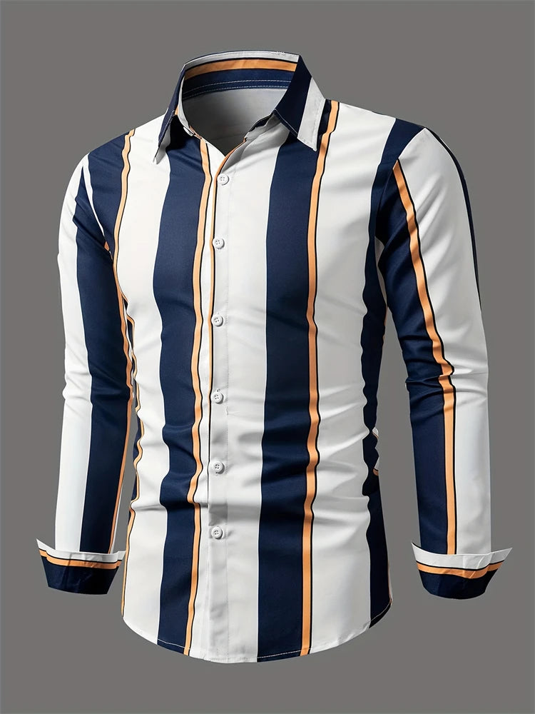 Men's long sleeve shirt with square stripe 3D print, casual animal pattern, button-down style, autumn fashion from Showlu Fashion.