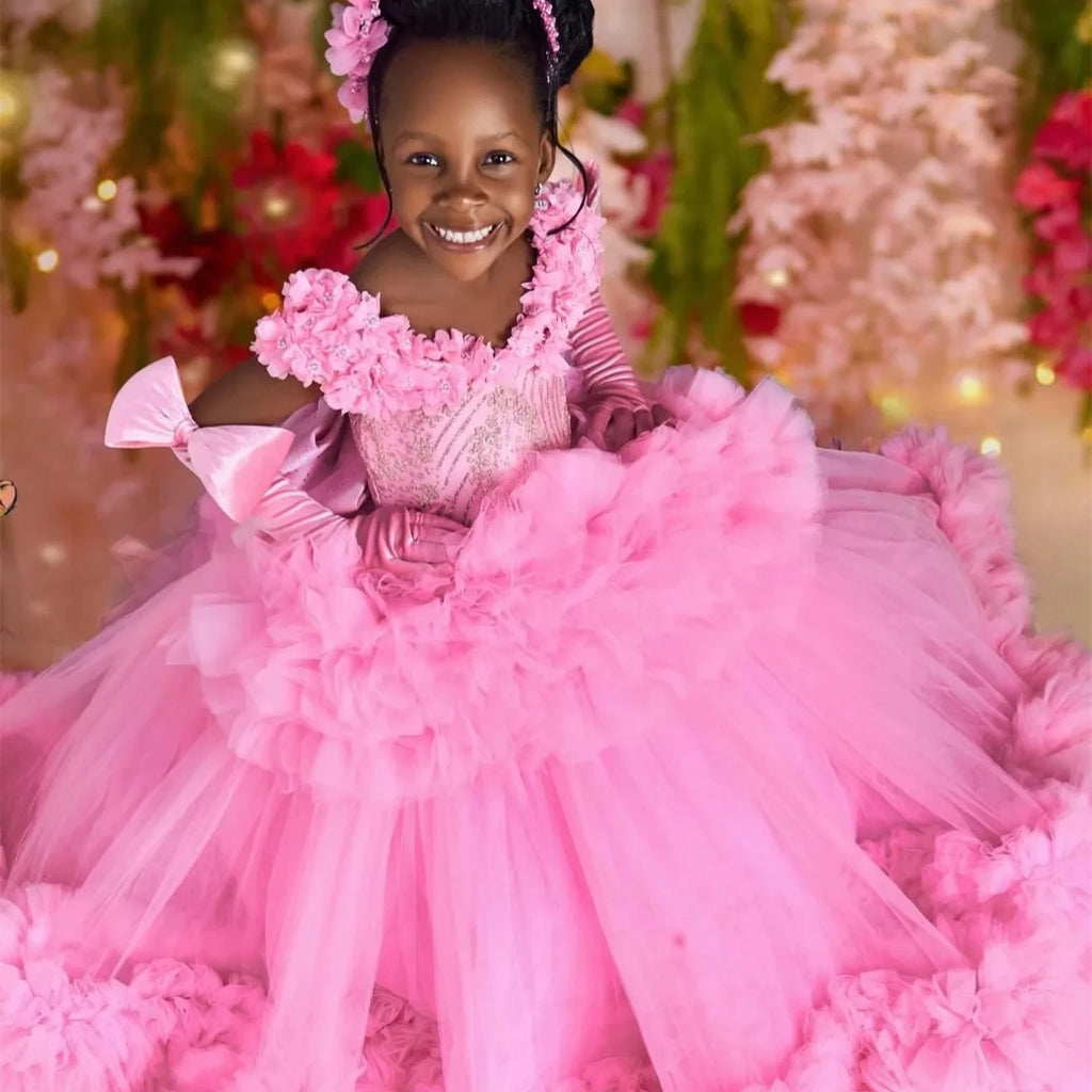 Customized Pink Flower Girl Dress For Wedding Glitter Bow Sleeveless Tiered Floor Length Kids Birthday First Communion Gown