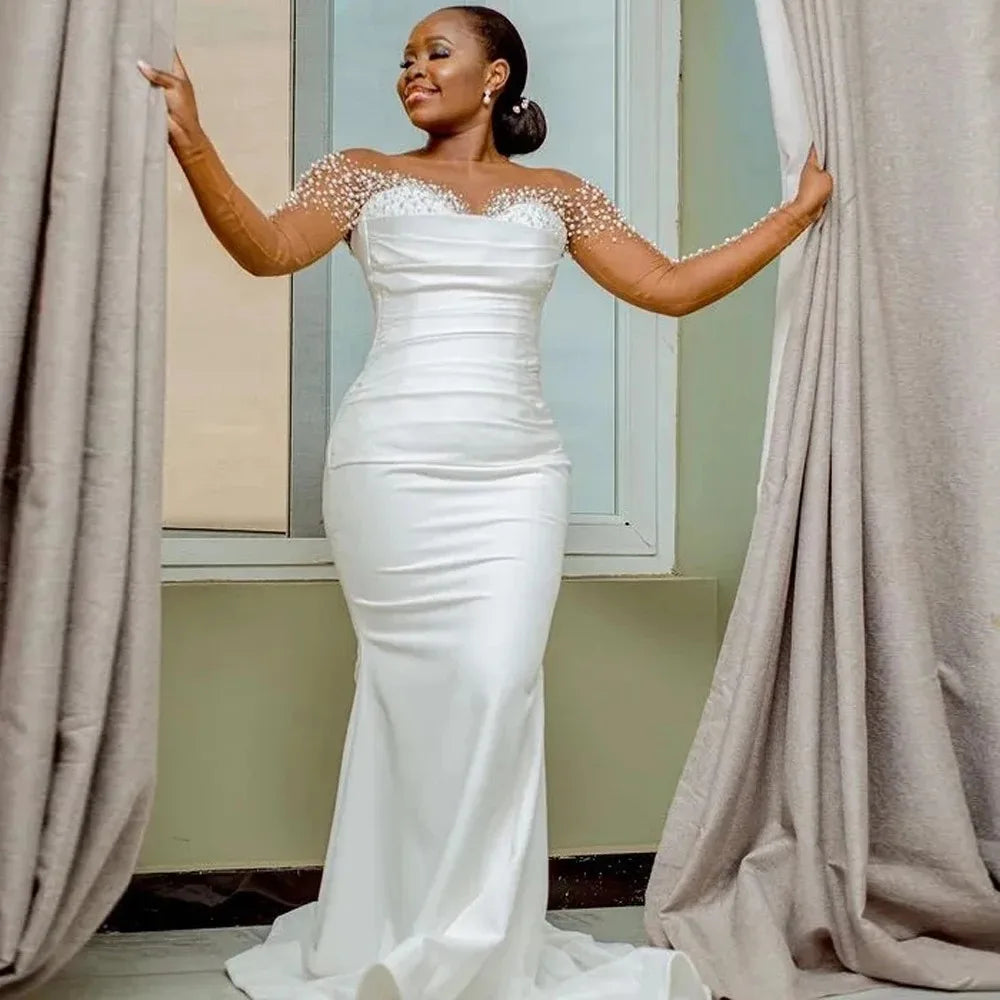 Customized Scoop Neck Shinny Pearls Wedding Dress Vestido De Casamento 2025 Long  Sleeve Bridal Gown With Detachable Train