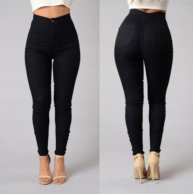 White and black high-waist skinny jeans for women by Showlu Fashion, featuring vintage style, casual fit, and long denim design.