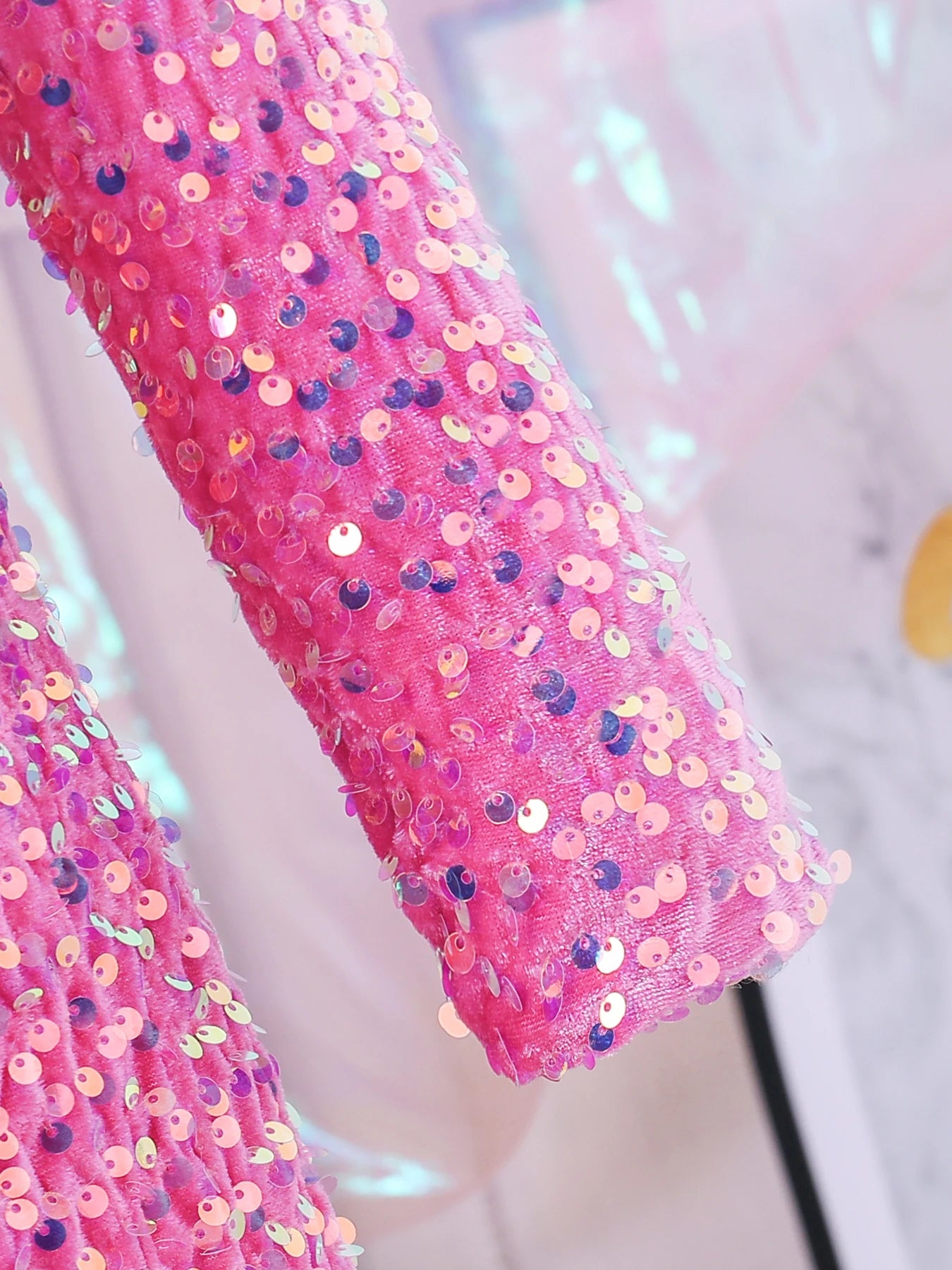 Pink sequined girls' round-neck ceremonial dress, stylish and fashionable for spring and autumn special occasions.