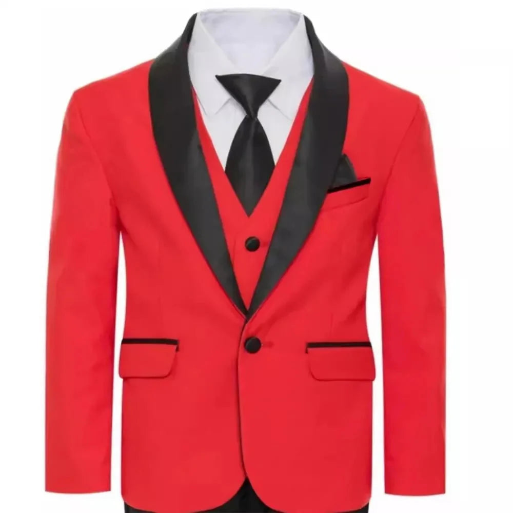 PsyMonster boys white slim fit suit including jacket, vest, pants, and bowtie, styled for formal occasions, shown on a hanger.
