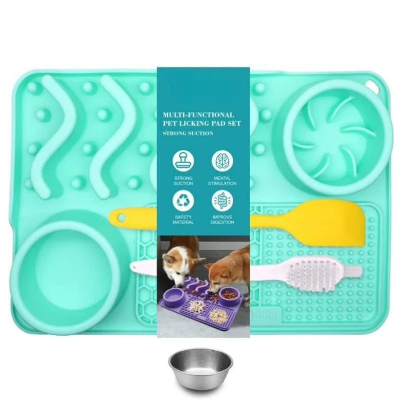 Turquoise silicone slow feeder mat for pets with aluminum bowl, designed to reduce anxiety and boredom in pets.