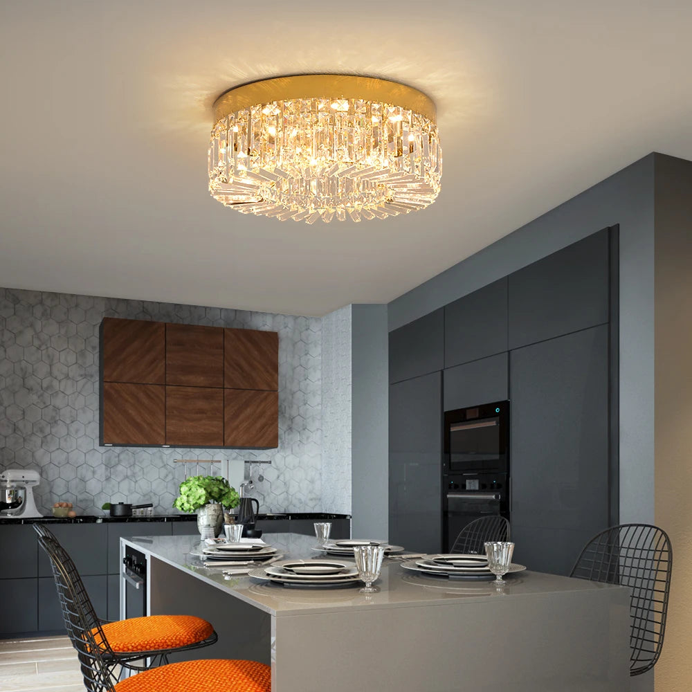 Modern gold crystal ceiling lamp by Showlu, featuring luxury LED chandelier design with sparkling crystals and elegant gold finish.