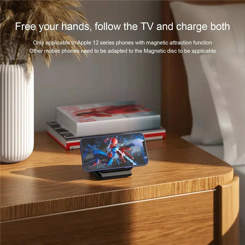 Showlu Smart General 3-in-1 wireless charging station with space for phone, smartwatch, and earbuds, black finish on a desk.
