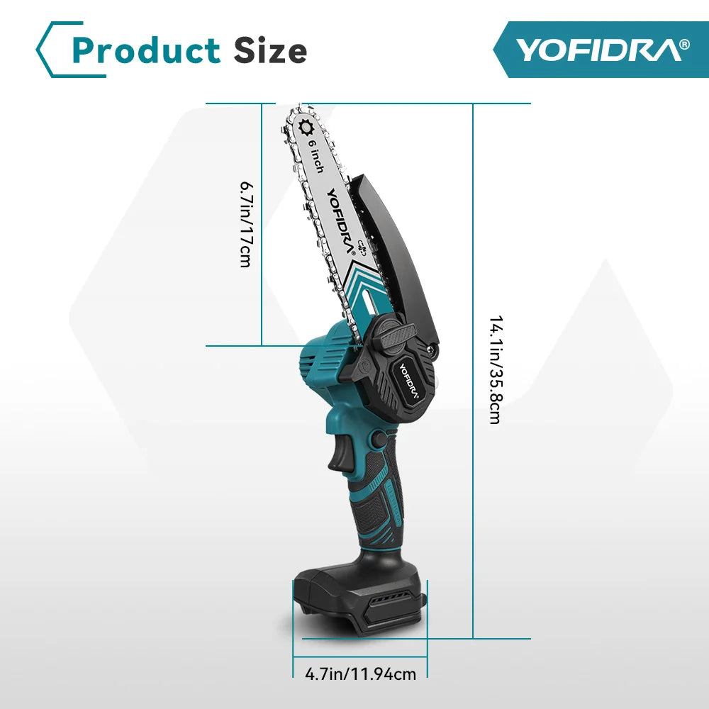 Showlu Smart General Yofidra 6-inch electric chainsaw with black handle and silver blade for pruning and light cutting tasks.