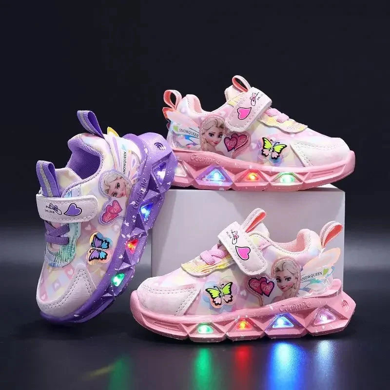 Pink Disney Frozen Elsa girls LED lighted sneakers made of PU leather with character design and glowing lights for kids.