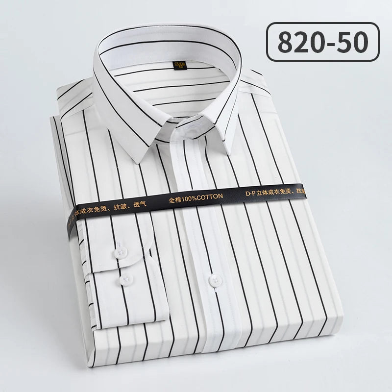 Men's slim fit cotton long sleeve shirt with striped pattern, heterochromatic collar, wrinkle-resistant, high-end luxury fashion by Showlu