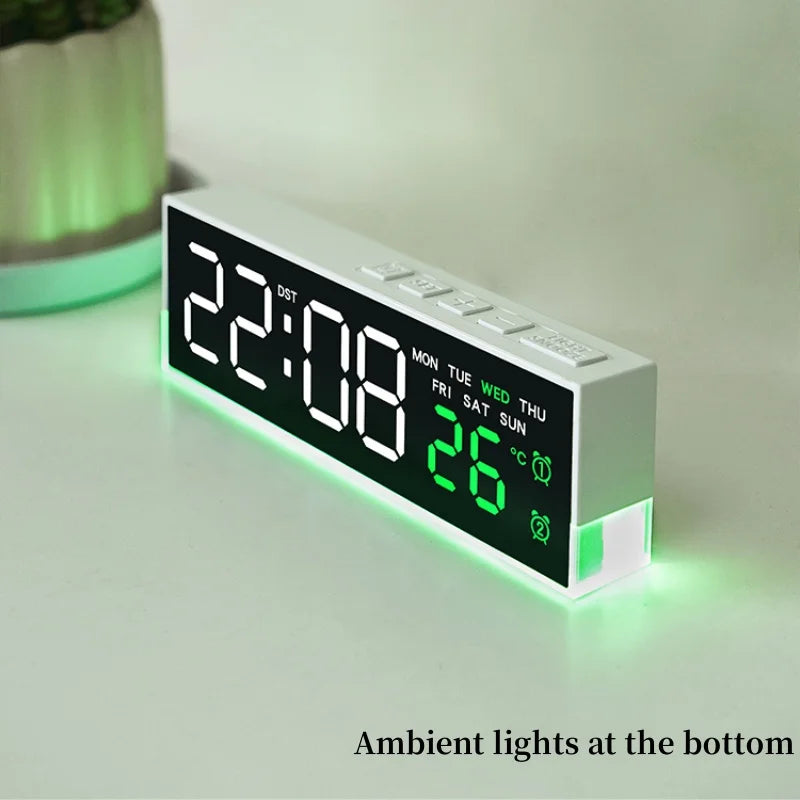 Showlu Smart LED digital alarm clock with mood light and temperature display, showing time on a sleek black device.