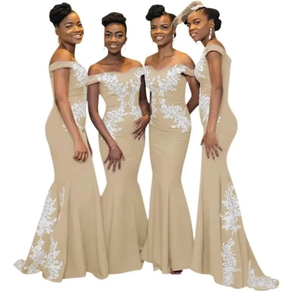 Burgundy JC&STAR off-the-shoulder mermaid lace satin bridesmaid dress with fitted silhouette and elegant design
