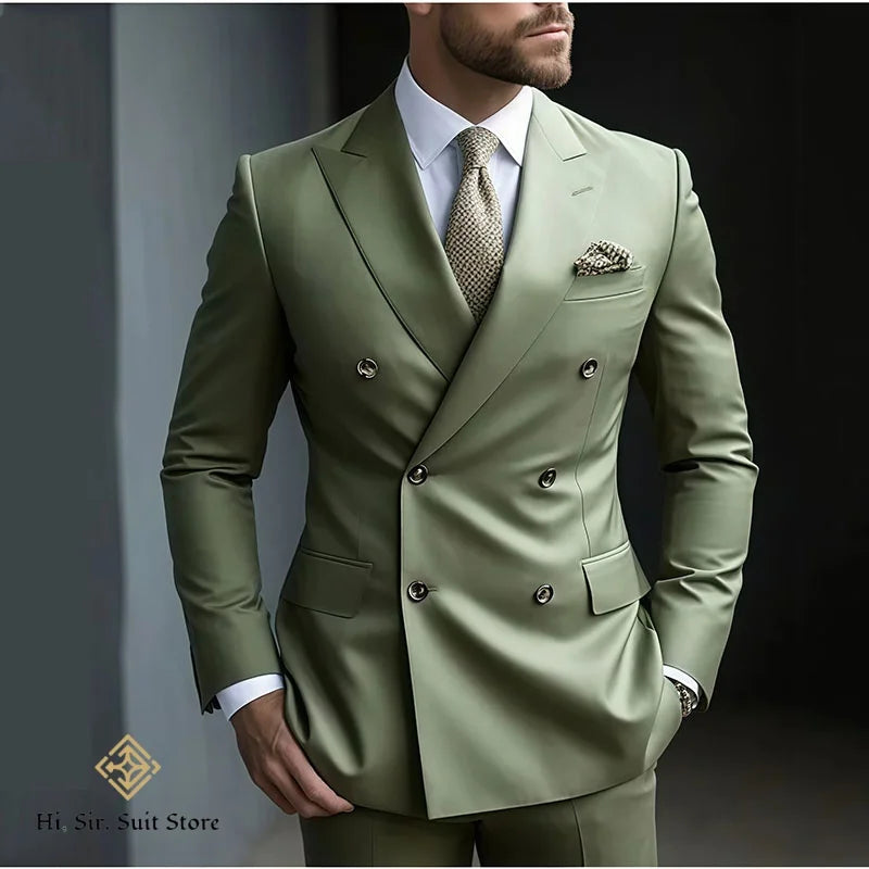 Slim-fit men's double-breasted blazer and dress pants suit set by Showlu Fashion, ideal for wedding, ball, or reunion attire.
