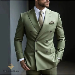 New 2 pcs Double-breasted Suit Set Men's Slim-fit Young Men Blazer Jacket Dress Suits Pants Ensemble Wedding Ball Reunion Attire