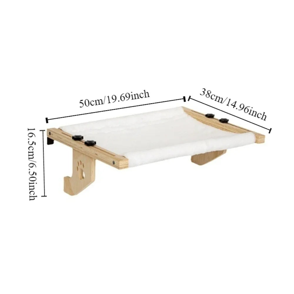 Showlu Wooden Frame Cat Window Hammock with paw print design, featuring a durable, cozy bed for cats to relax by the window.