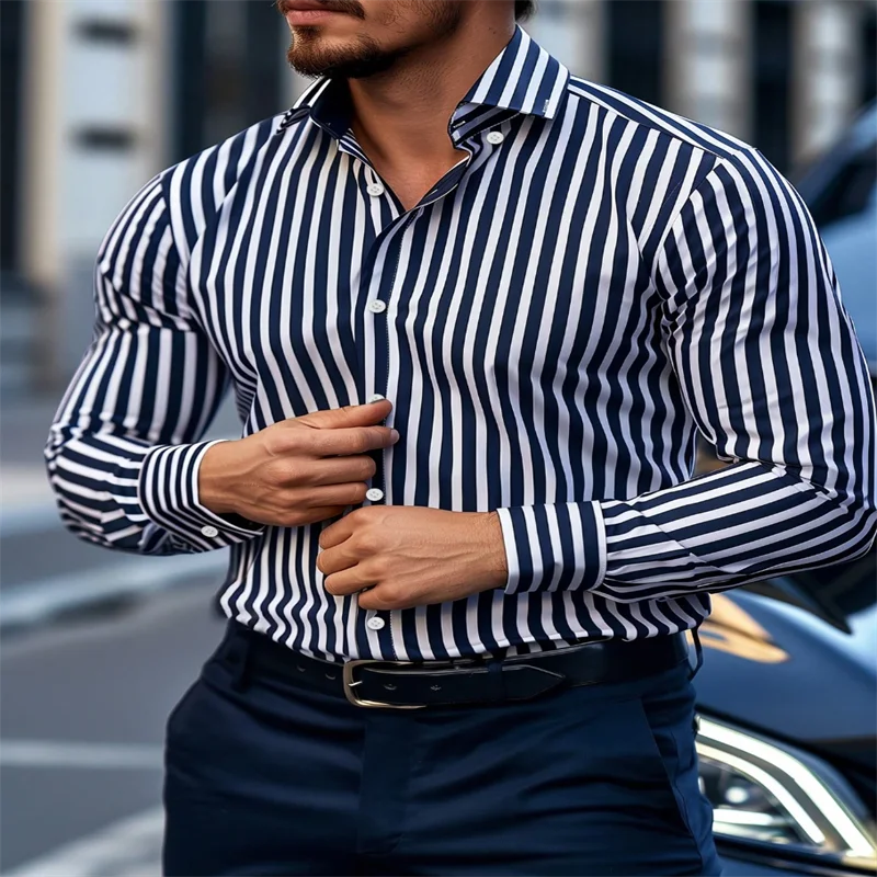 European men's striped long-sleeve casual business shirt in luxury quality, plus size 6XL, showing the stylish design and fabric details.