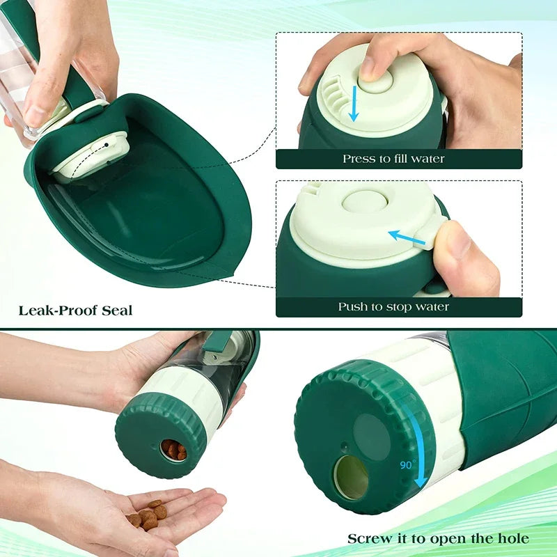 Showlu 2-in-1 portable dog water bottle and food container for hiking, with a compact design and easy-to-use features.