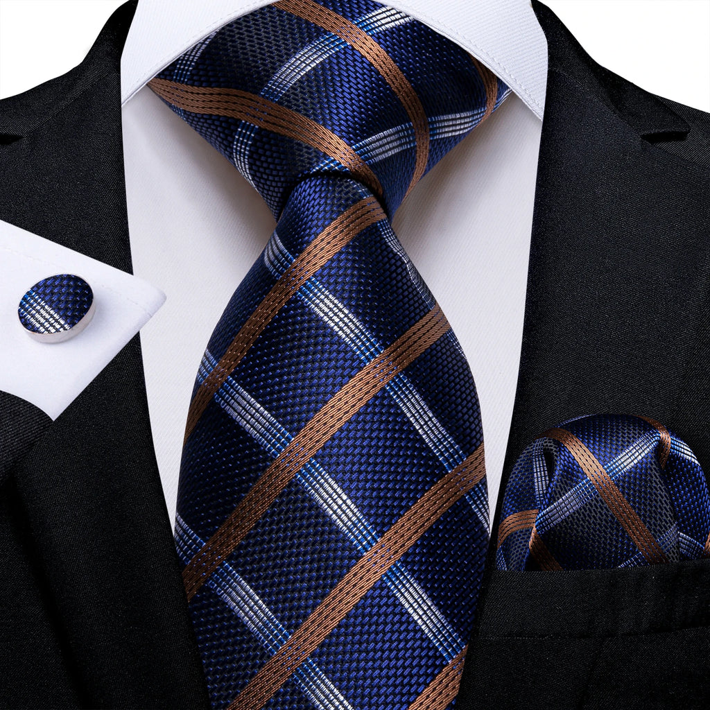 New Classic 100% Silk Men's Ties 8cm Blue Plaid Dot Striped Business Necktie Handkerchief Wedding Party Tie Set Gravatas DiBanGu