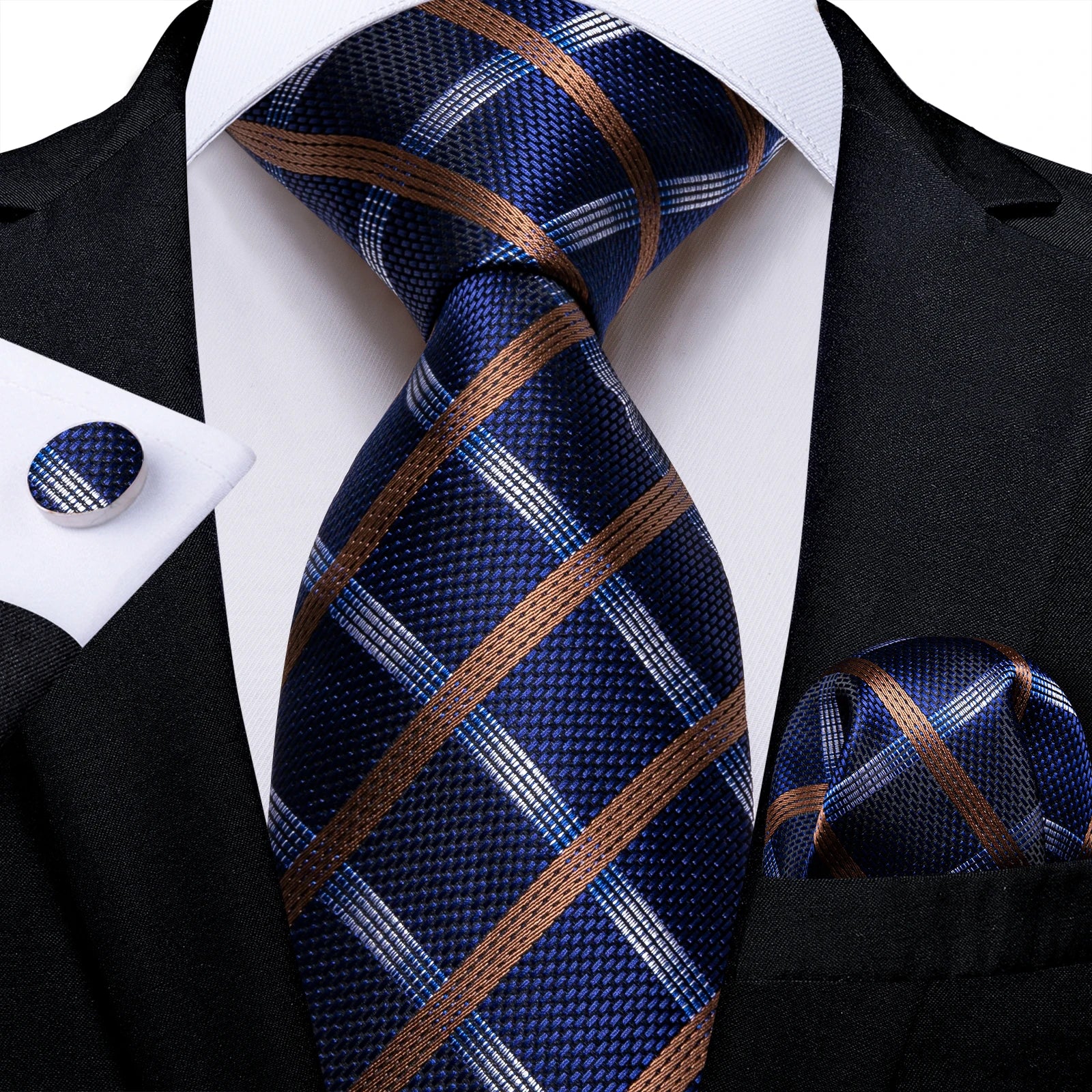 New Classic 100% Silk Men's Ties 8cm Blue Plaid Dot Striped Business Necktie Handkerchief Wedding Party Tie Set Gravatas DiBanGu