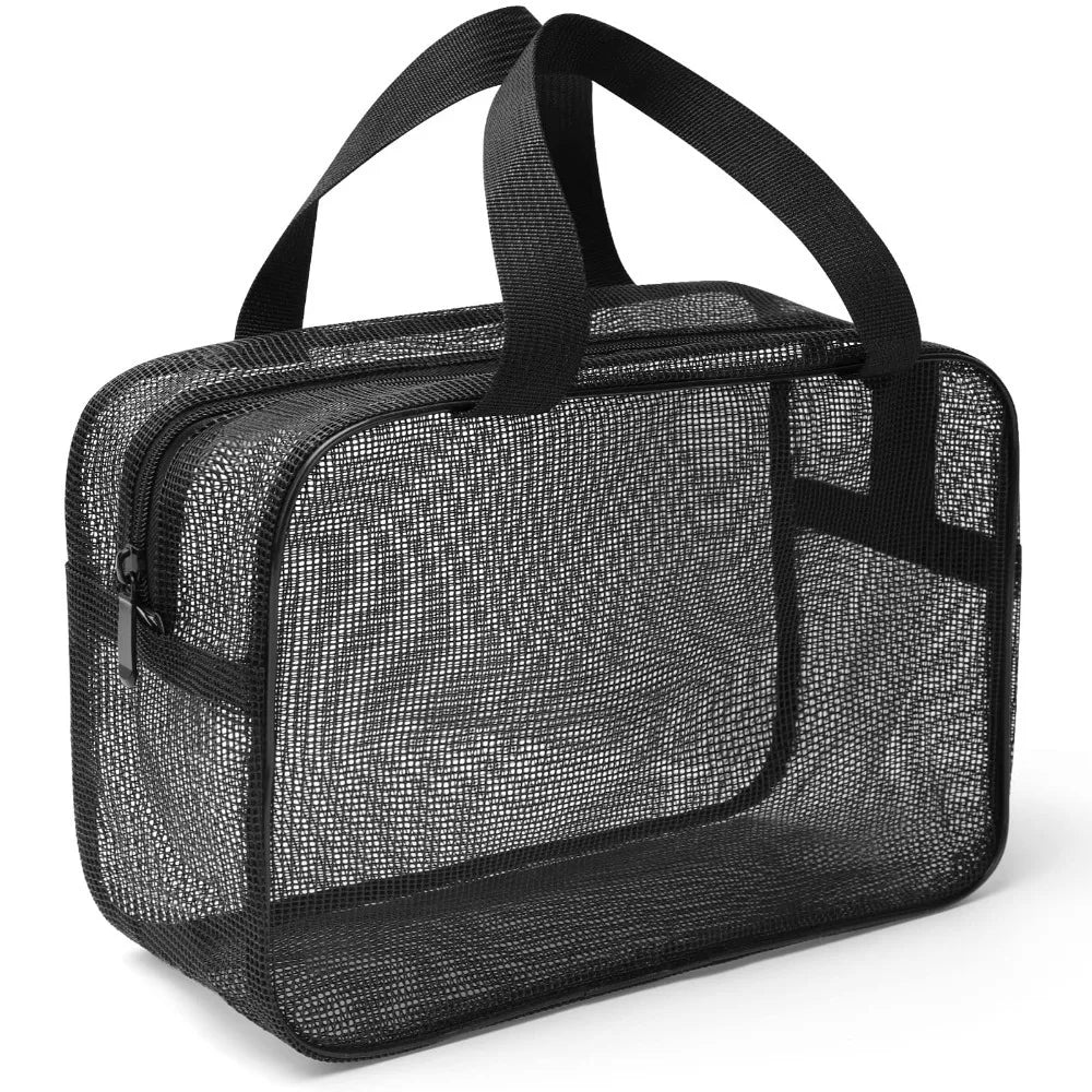 SHOWLU FASHION mesh shower tote bag made of quick-dry nylon, ideal for beach or travel storage, with multiple compartments visible.