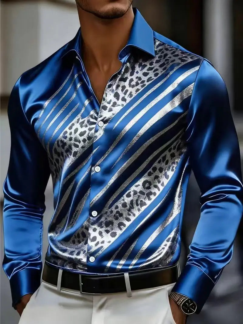Men's fashionable 3D flame printed long sleeve shirt with button-up design by Showlu Fashion Store.