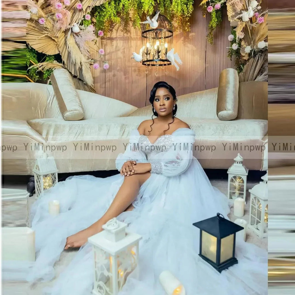 White YiMinpwp tulle A-line wedding dress with rhinestone accents and off-shoulder design from SHOWLU FASHION STORE.